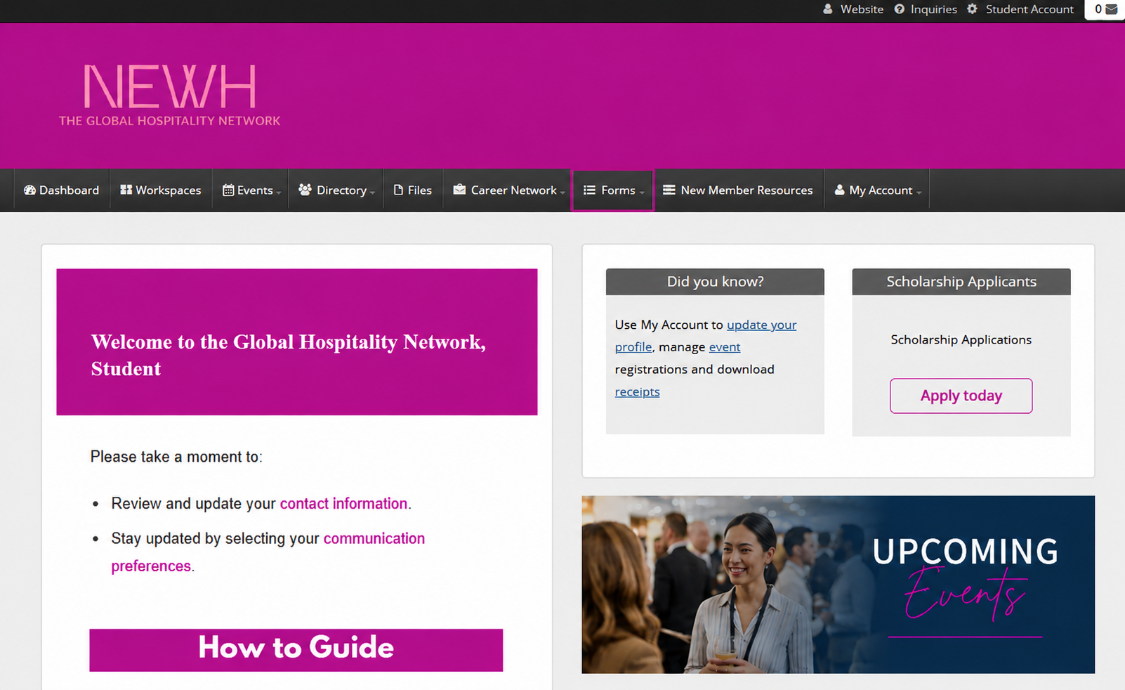 NEWH member portal dashboard with the Forms menu in the top navigation and the Scholarship Applicants link highlighted